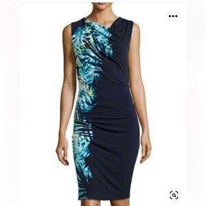 TAHARI cowl neck drape / ruched side stretch sheath dress floral color block XL